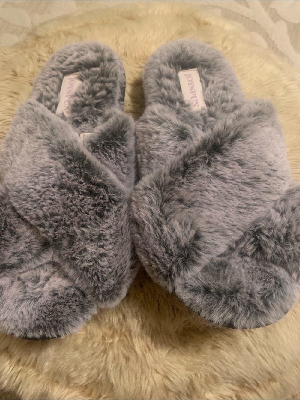 Joyspun Grey Plush Crisscross Slide Slippers